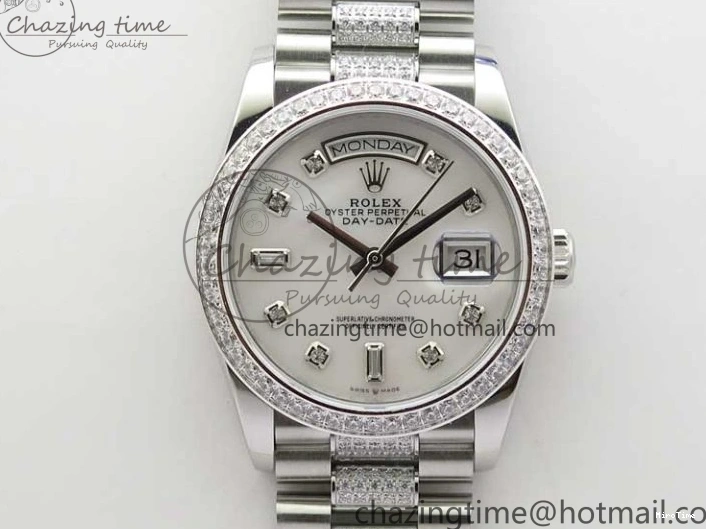 MiroTime 0128 Day-Date 36mm 128239 SS Crystal BP Best Edition White MOP Crystal Marker Dial on SS President Bracelet A MoistureWicking 2682